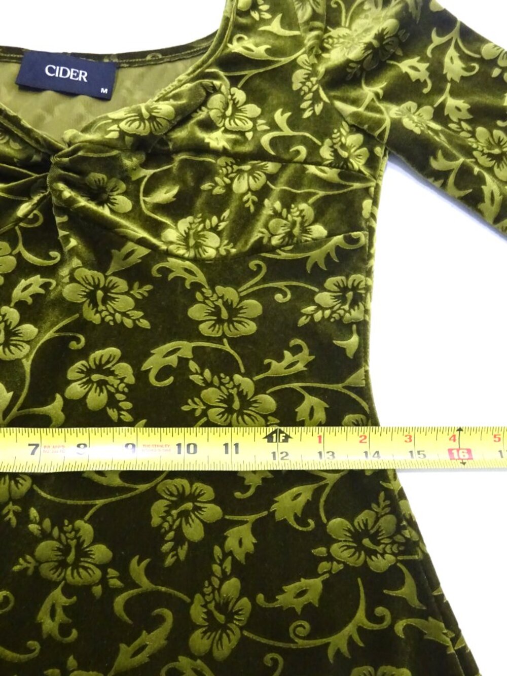 CIDER Olive Green Floral Velvet Mini Dress - Size M - Picture 12 of 14